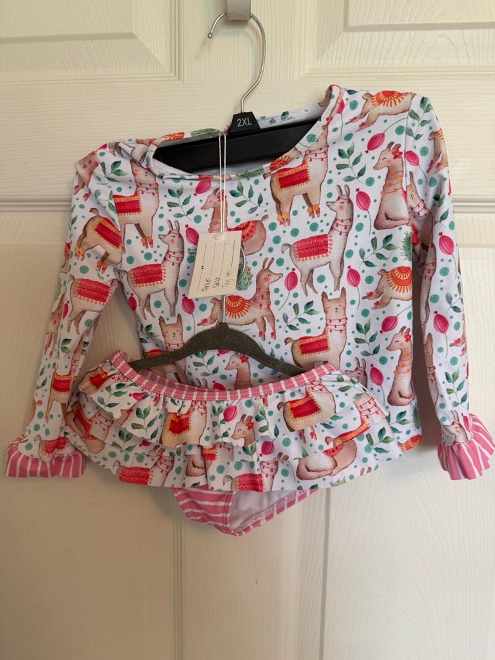 Girls White Llama Print Pajama Top and Ruffle Briefs